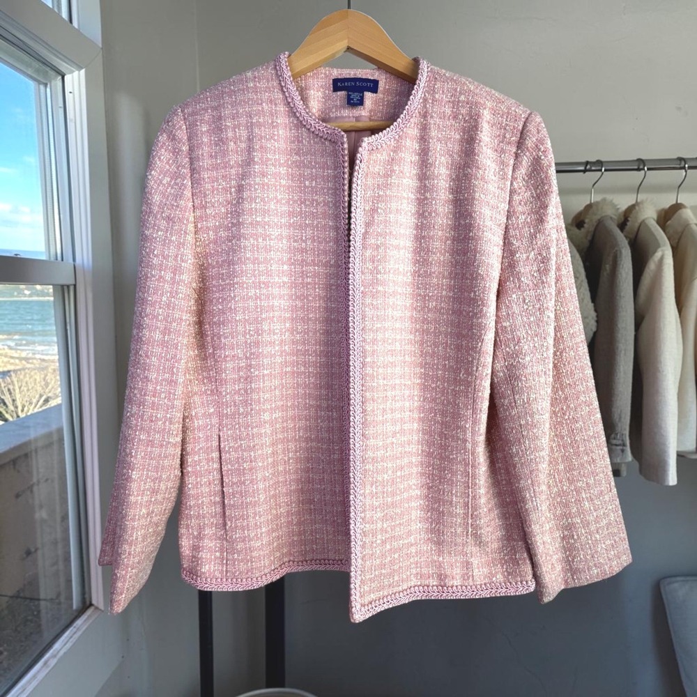 Vintage 90s Tweed Jacket 12 Pink Feminine Collarless Office Coquette Preppy Boxy
